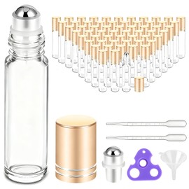 PrettyCare 60 Pack, 10 ml Essential Oil Roller Bottles with Stainless Steel Roller Ball - Bulk Refillable Leak-proof Empty Thick Clear Glass Roll on Bottles with Metal Caps for Travel, Perfume