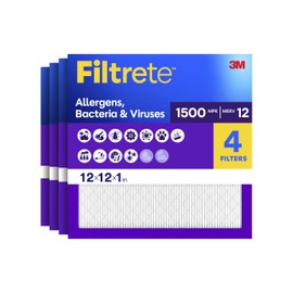 Filtrete 12x12x1 Air Filter, MERV 12, MPR 1500, Allergens, Bacteria & Viruses, 3-Month AC and Furnace Filters, Cleaner Air, Reliable Airflow, 4 HVAC Filters (Actual Size 11.81 x 11.81 x 0.78 in)