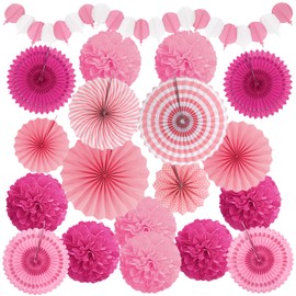 Recosis Party Decorations, Pink Papar Fans Pompoms Garlands for Women Girls Mothers Day Bachelorette Wedding Birthday Baby Showers Valentine's Day Party Decorations