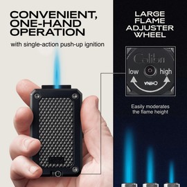 Colibri Rally Single Jet Flame Butane Lighter, Windproof & Refillable, Cigar Enthusiast's Choice with Blue Fuel Window and Adjustable Flame (Black)