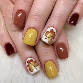 EYZOTSF Thanksgiving Press on Short Square Nails Acrylic Fall False Nails with Maple Leaf Designs Artificial Autumn Leaves Square Fake Nails Holiday Glue Stick ons Fingernails for Women(YS393)