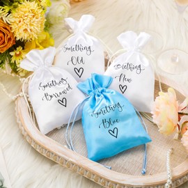 Sunnymove 4 Pcs Wedding Satin Gift Bags, 4x6 Inch Something Old Something New Some Thing Borrowed Blue Jewelry Pouches for Wedding Bridal Party Favors
