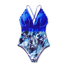 PATPAT - Traje de baño a juego con estampado de hojas de una pieza con cuello en V y estampado de hojas, Azul, 4-5T