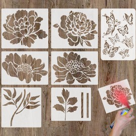 7Pcs Wall Stencils Large Flower Painting for Garden, 12 Inch Painting Floral Stencil Decor on Wall Wood Floor Canvas Paper Furniture Reusable