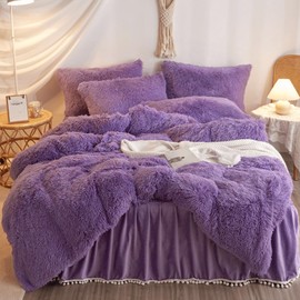 HAIHUA Faux Fur Purple Comforter Cover Queen Set, Soft Fuzzy Plush Purple Bedding Queen Set 3 Pieces (1 Furry Duvet Cover + 2 Fluffy Pillow Cases) Shaggy Bed Set, Zipper Closure