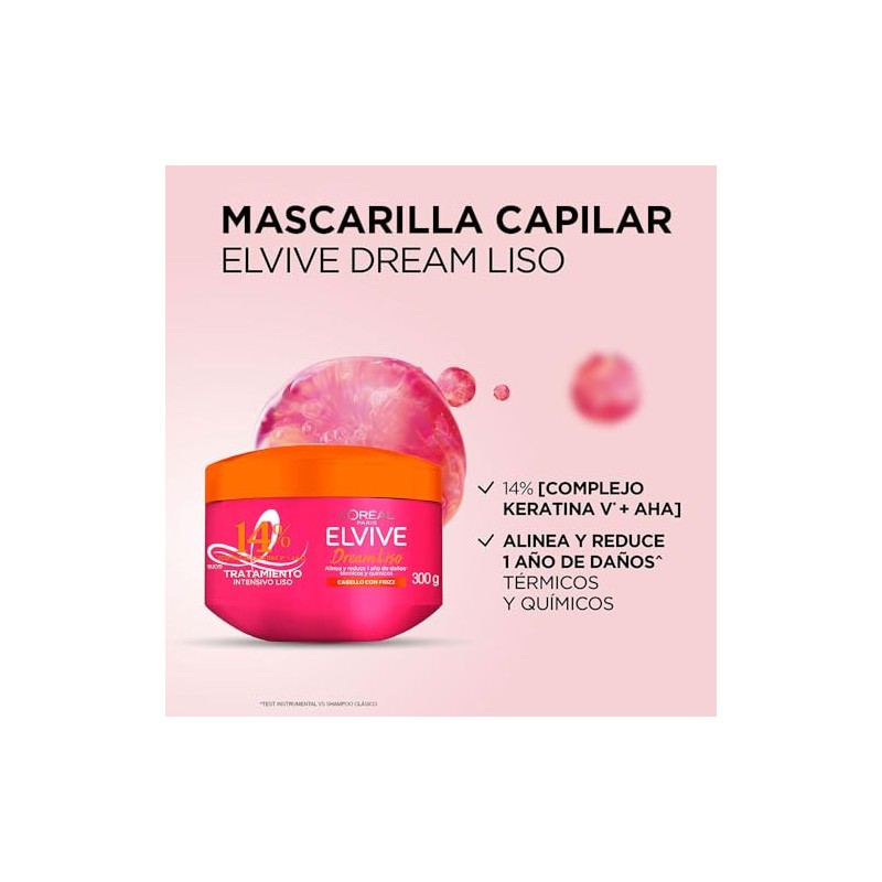 LOral Paris Dream Liso Mascarilla Capilar, 300gr. Ideal para cabello