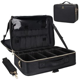 Relavel Makeup Case Large Makeup Bag Professional Train Case 16.5 inches Travel Cosmetic Organizer Brush Holder Waterproof Makeup Artist Storage Box, 3 Layer Large Capacity, with Adjustable Strap