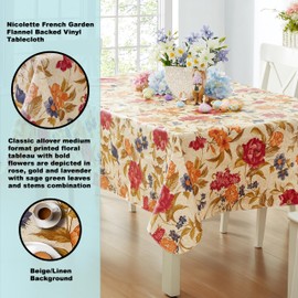 Newbridge Nicolette Multicolor Floral Vinyl Flannel Backed Tablecloth, Traditional Tapestry Flower Design, Easy Care Wipe Clean Indoor Outdoor Table Cover, 52 x 52 Inch Square