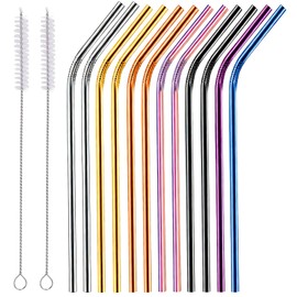 Bamily 12 Pcs Reusable Metal Straws, Curved Stainless Steel Straws with Cleaning Brushes, Eco-Friendly Drinking Straws for Smoothie, Cocktail, Hot Drinks