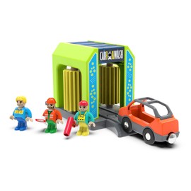 HANQIANN Car Wash Station Playset Toy for Wooden Train Track,Creative City Washer Scenes Pretend Play Toy Vehicles Train Accessory Preschool Learning Educational Toys for Toddlers Kids