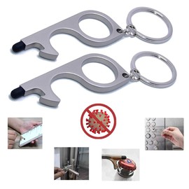 Premium No Touch Door Opener Tool & Bottle Opener - Touchscreen Stylus | Clean Key & Door Closer | Touchless Button Pusher & Key Holder Kit (2 Pack, Silver)