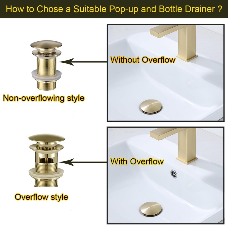 RANDOM Brushed Gold Sink Drain with Overflow Bathroom Pop Up
