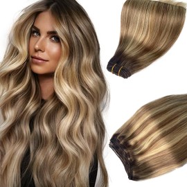 Sew In Real Human Hair Weft Extensions, 14 Inch 80G Ombre Brown Balayage Blonde Highlights, Human Hair Weave Bundles for Women