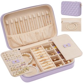 Lolalet Travel Jewelry Case for Women Girls, Travel Jewelry Organizer Box with Mirror & Clear Storage Bag, Small Portable Earring Necklace Bracelet Ring Case, Birthday Christmas Gifts -Medium, Purple
