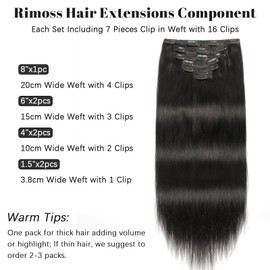 Clip in Hair Extensions Real Human Hair 140g Soft Jet Black Straight Hair Extensions Real Human Hair Clip ins, Rimoss Premium 7pcs Remy Human Hair Clip in Extensions for Women (#1 16 Inch)