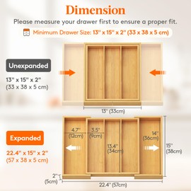 Lifewit Utensil Organizer for Kitchen Drawer, Expandable Cooking Utensil Tray, Cutlery Silverware Flatware Holder, Wood Adjustable Spatula Tools Storage Divider, 13-22x15/ 33-56x38cm, Natural