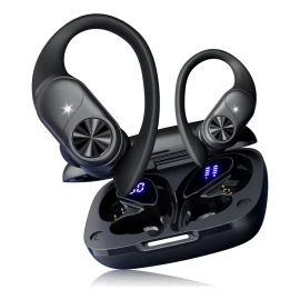 BMANI T60 Audífonos Bluetooth Deportivos, IPX7 Impermeable, Carga Inalámbrica, Pantalla Digital, 80H Autonomía, Cómodo para Oreja Negro