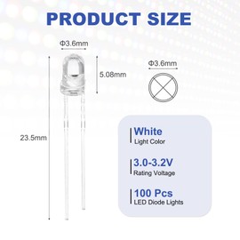 MECCANIXITY 100pcs 3mm LED Diode Lights, White Round Transparent DC 3.0-3.2V High Brightness Lighting Bulb Lamps for Electronics Components