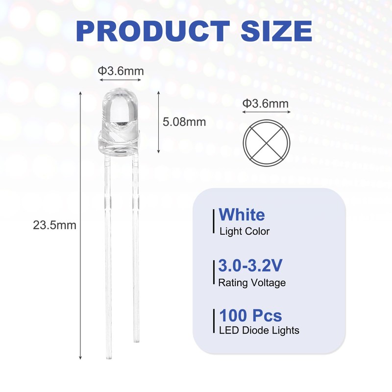 MECCANIXITY 100pcs 3mm LED Diode Lights, White Round Transparent DC