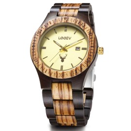 LeeEv Wooden Watches, Uwood Series Zebra Sandalwood Japanese Quartz Analog Watch for Men with Calendar Unisex Wristwatch
