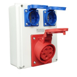 RoadEu - Socket distributor - CEE socket 16A with 2x Schuko 230V. Power distributor IP44 For indoor and outdoor use Construction power distributor 16A. Only European components.