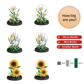 Kadablk Botanical Flower Micro Blocks Set for Adults and Teens,600 PCS Mini Bricks Artificial Flowers for Birthday and Gift Idea for Significant Other, Lily,Sunflower and Tulip