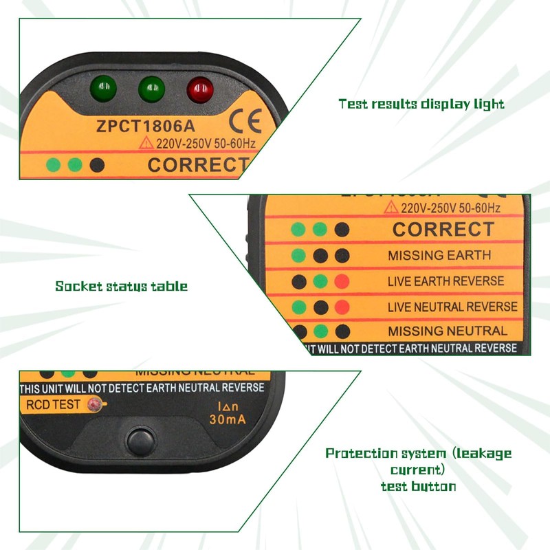 Socket Tester UK,220-250V Circuit Polarity Voltage Detector,Rcd GFCI Plug Socket