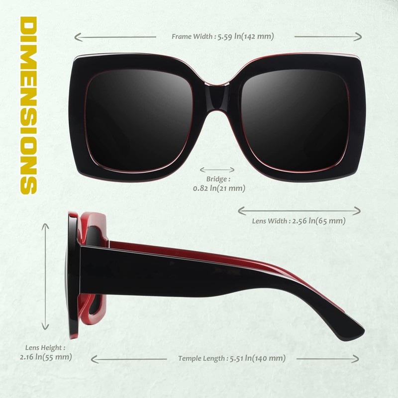 GQUEEN Oversized Sunglasses Women's Retro Vintage Square UV400, 1.1 black-red