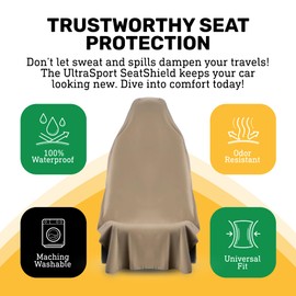 Waterproof SeatShield UltraSport Tan Front Seat Cover - Waterproof Car Seat Protector, Universal Fit, Washable, Soft Microfiber, Anti-Stink, Comfortable, Easy to Install
