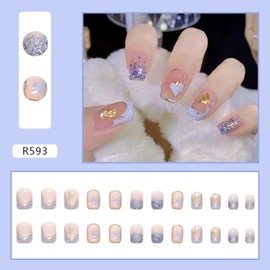 Glue on Nails with Designs, Artificial Fingernails Acrylic Fake Nails for Women, 24Pcs Full Cover Reusable False Nails, Press on Nails Short Square, Stick on Nails Coffin Shape(R593)