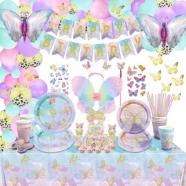 196 Pcs Butterfly Party Decorations - Including Plates, Tablecloth, Balloons, Banner, Butterfly Stickers, Cups, Butterfly Wing Set for Butterfly Birthday Decorations, Fairy Party Supplies