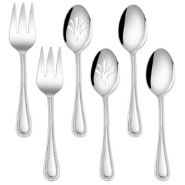 Pearled Serving Utensils Set of 6, E-far Stainless Steel 8.7 Inch Hostess Serving Set, Metal Serving Spoon Slotted Spoons Forks for Party Buffet Catering, Mirror Finished & Dishwasher Safe