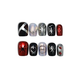 TENPAL Gothic Press On Nails With Tools,Y2K Spider Web Embossed Short Square Glossy Chrome Glue on Nails,Dark Sweet Cool Acrylic Fake Nails,Silver White Red Metal Artificial False Nails 10Pcs(M)