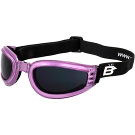 Birdz Eyewear Cardinal Padded Floating Motorcycle Goggles for Women Translucent Pink Frame with Clear Lenses Folding Goggles (Super Dark)