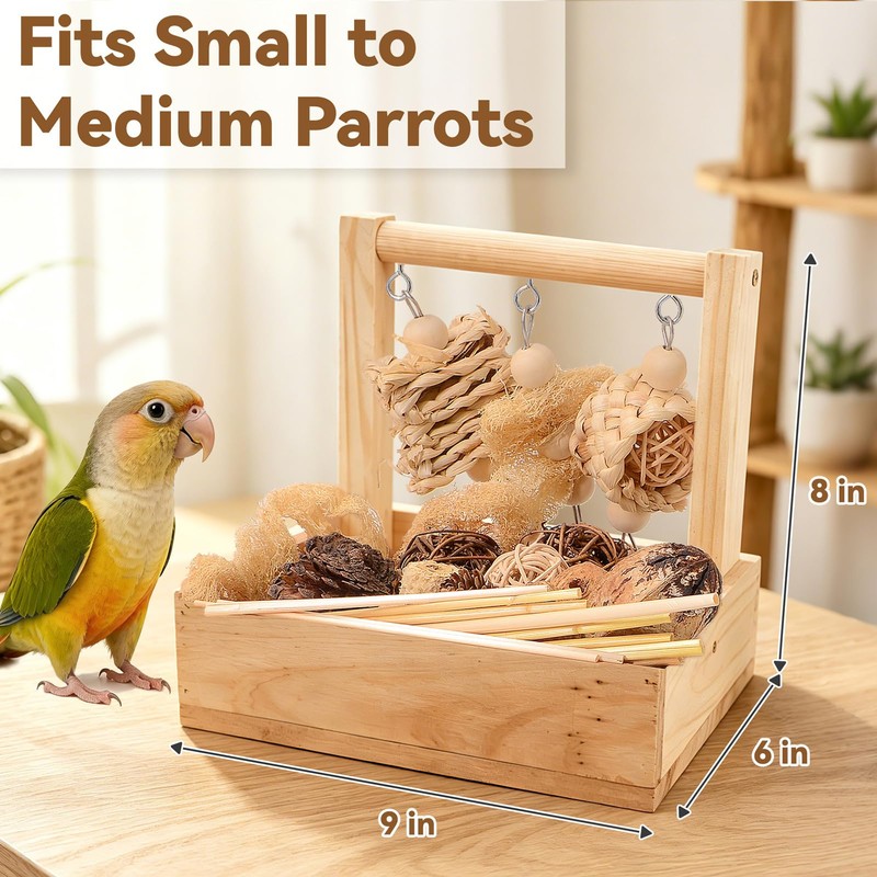 Wooden Bird Parrot Foraging Toys Box with Perch Stand, Cage