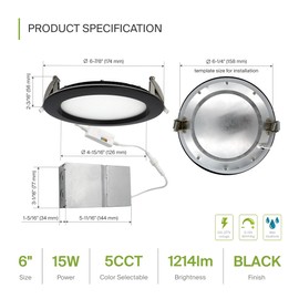 ASD Recessed Lighting 6 Inch Round Commercial LED Downlight, Mini Panel Baffle Trim, 15W 120-277V, 5 CCT 2700K/3000K/3500K/4000K/5000K, Dimmable LED Ceiling Light Fixture, Black, ETL, 6 Pack