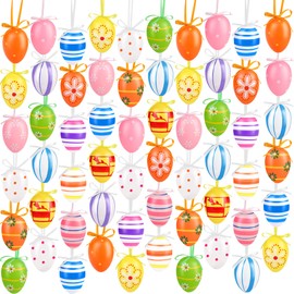 Elcoho 60 Pieces Easter Hanging Eggs Colorful Plastic Easter Eggs Easter Hanging Ornaments Easter Decoration, Random Styles