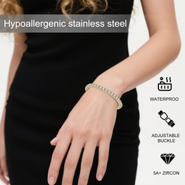 Tennis Bracelet for Women Men, 14K Gold Plated Round 5mm AAAA+ Cubic Zirconia CZ Dainty Classic Adjustable Stainless Steel Bracelets Festival Wedding Jewelry Gift (Gold, CZ 5mm)