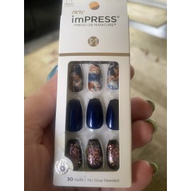 Kiss IMPRESS PRESS ON NAILS 30 MEDIUM INDIGO AUTUMN COFFIN SHAPE BLUES SHINY NEW