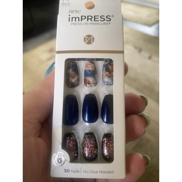 Kiss IMPRESS PRESS ON NAILS 30 MEDIUM INDIGO AUTUMN COFFIN