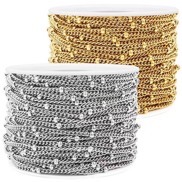 32.8 FT Stainless Steel Curb Thin Chain Twisted Link Cross Cable Chain 2mm Satellite Beaded Chains Gold & Silver Plated for DIY Jewelry Making