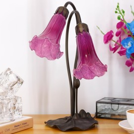 ANYONGLU Lily Lamp Tiffany Style Table Lamp 15 Inch Tall Tulip Flower Accent Desk lamp with Lotus Leaf Base (2-Light/Purple)