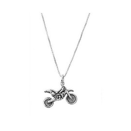 LGU Sterling Silver Oxidized Double Sided Motocross Dirt Bike Charm Pendant with Polished Box Chain Necklace (18 Inches)