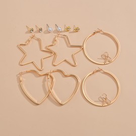 Hoop Earrings for Women Set, 6 Pairs Statement Round Star Heart Large Hoop Pearl Rhinestone Sun Trendy Earrings Stud for Teen Girls Holiday Jewelry Gifts (6 Pairs)