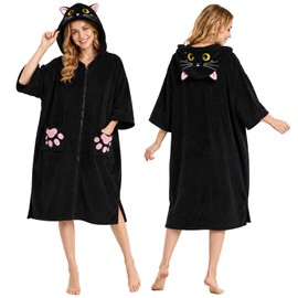 Emwwat Surf Poncho Changing Robe Towel-Unisex Hooded Beach Cover Up with Pocket,Quick Dry Microfiber Towel Poncho for Women Men Adult,for Beach Surfing Swimming (Black Cat)