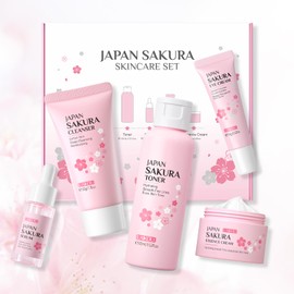Sakura Gesichtspflege Set, 5 Stück hautpflege frauen feuchtigkeit, mit Gesichtsreinigung, Toner, Augencreme, Serum, Gesichtscreme, für Gesichts,Tagespflege und Nachtpflege Skincare Set (Standardgröße)