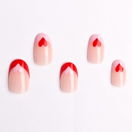 Valentine's Day Press on Nails, French Tip Short Medium Almond Fake Nails Red Pink Heart Design Nude Pink Color Press on Nails Stick On Nails Glue On Nails for Women and Girls Valentine Gift 24Pcs
