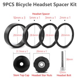 Saipor 9PCS Aluminium Alloy Bicycle Headset Spacer 1-1/8 inch Bicycle Front Fork Stem Spacers Kit 2mm, 3mm, 5mm, 10mm with Stem Top Cap, Long Bolt, Headset Star Nut for MTB BMX Road Bike (Black)