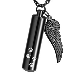 XIUDA Cylinder Cremation Necklace for Dog Ashes Angel Wing Urn Necklace with Pet Paw Print Memorial Ashes Necklace for Dog/Cat with Filling Kit