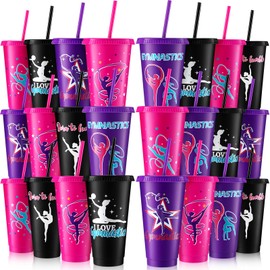 Nuogo 24 Pcs Gymnastics Party Favor Plastic Cups with Lids and Straws,24 oz Gymnastics Tumbler Cup Reusable Cups with Lids and Straws Bulk,Gymnastics Gifts for Adult Women Girl (Fresh Colors)